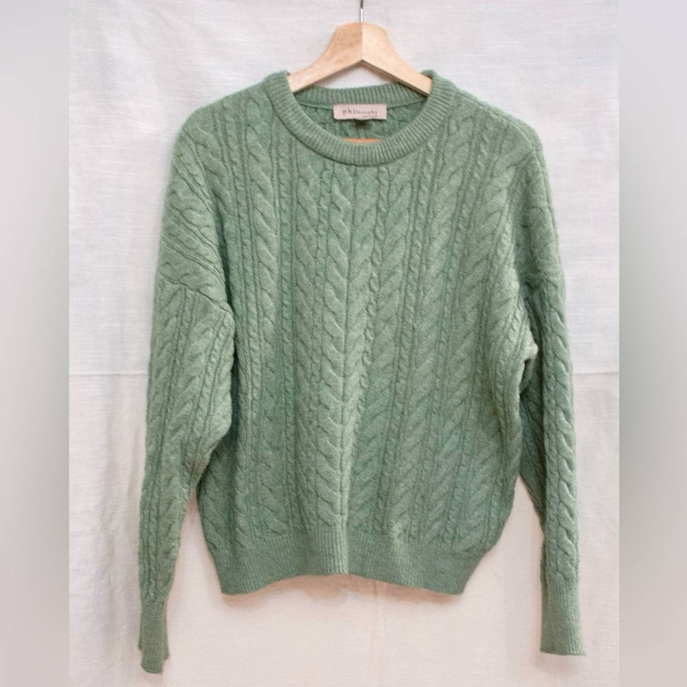 Philosophy Sage Cozy Oversized Cable Knit Sweater quiet luxury classic preppy